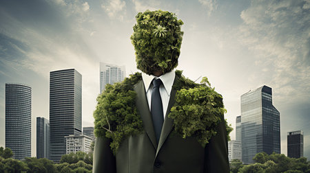 Businessman standing covered with green grass. Concept of sustainable resources.の素材