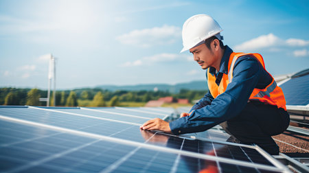 Technician or Engineer maintaining solar cell panels on factory building rooftop. Technician working outdoor on ecological solar farm construction. Renewable clean energy technology concept.の素材