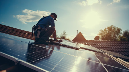Technician or Engineer maintaining solar cell panels on factory building rooftop. Technician working outdoor on ecological solar farm construction. Renewable clean energy technology concept.の素材