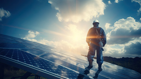 Technician or Engineer maintaining solar cell panels on factory building rooftop. Technician working outdoor on ecological solar farm construction. Renewable clean energy technology concept.の素材