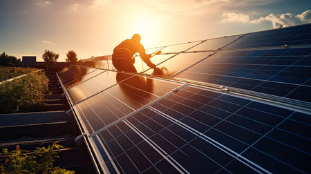 Technician or Engineer maintaining solar cell panels on factory building rooftop. Technician working outdoor on ecological solar farm construction. Renewable clean energy technology concept.の素材