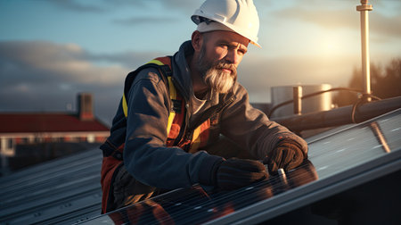 Technician or Engineer maintaining solar cell panels on factory building rooftop. Technician working outdoor on ecological solar farm construction. Renewable clean energy technology concept.の素材