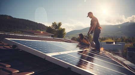 Technician or Engineer maintaining solar cell panels on factory building rooftop. Technician working outdoor on ecological solar farm construction. Renewable clean energy technology concept.の素材