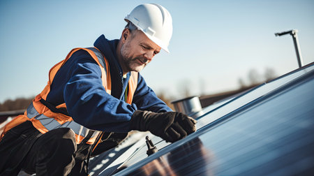 Technician or Engineer maintaining solar cell panels on factory building rooftop. Technician working outdoor on ecological solar farm construction. Renewable clean energy technology concept.の素材