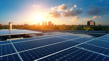 Solar cell panels on factory building rooftop. Ecological solar farm construction. Renewable clean energy technology concept.の素材