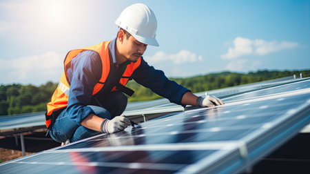 Technician or Engineer maintaining solar cell panels on factory building rooftop. Technician working outdoor on ecological solar farm construction. Renewable clean energy technology concept.の素材