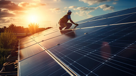 Technician or Engineer maintaining solar cell panels on factory building rooftop. Technician working outdoor on ecological solar farm construction. Renewable clean energy technology concept.の素材