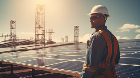 Technician or Engineer maintaining solar cell panels on factory building rooftop. Technician working outdoor on ecological solar farm construction. Renewable clean energy technology concept.の素材