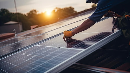 Technician or Engineer 's hand maintaining solar cell panels on factory building rooftop. Technician working outdoor on ecological solar farm construction. Renewable clean energy technology concept.の素材