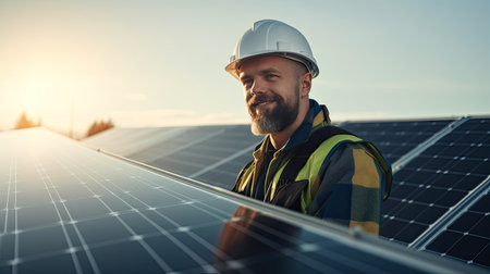 Technician or Engineer maintaining solar cell panels on factory building rooftop. Technician working outdoor on ecological solar farm construction. Renewable clean energy technology concept.の素材