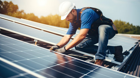 Technician or Engineer maintaining solar cell panels on factory building rooftop. Technician working outdoor on ecological solar farm construction. Renewable clean energy technology concept.の素材