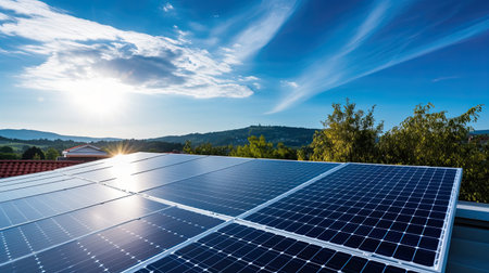 Solar cell panels on factory building rooftop. Ecological solar farm construction. Renewable clean energy technology concept.の素材