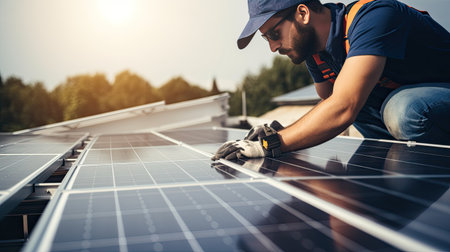 Technician or Engineer 's hand maintaining solar cell panels on factory building rooftop. Technician working outdoor on ecological solar farm construction. Renewable clean energy technology concept.の素材