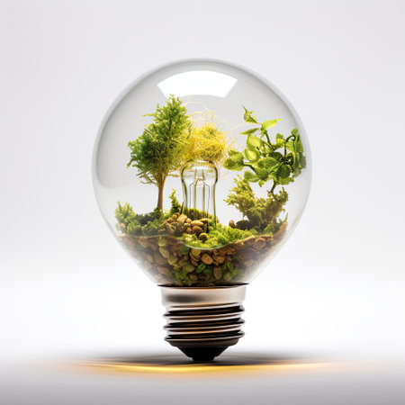 Energy saving light bulb covered in green grass. Concept of sustainable resources in white grey background.の素材