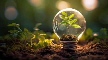 Energy green saving in light bulb covered in green grass. Concept of sustainable resources. nature in background.の素材