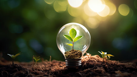 Energy green saving in light bulb covered in green grass. Concept of sustainable resources. nature in background.の素材