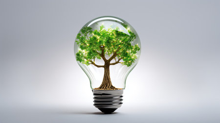 Energy saving light bulb covered in green grass. Concept of sustainable resources in white grey background.の素材