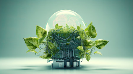 Energy saving light bulb covered in green grass. Concept of sustainable resources in white grey background.の素材