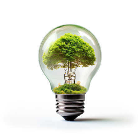 Energy saving light bulb covered in green grass. Concept of sustainable resources in white grey background.の素材