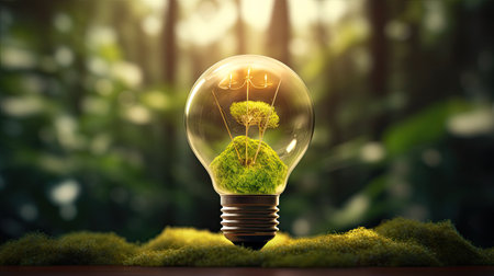 Energy green saving in light bulb covered in green grass. Concept of sustainable resources. nature in background.の素材
