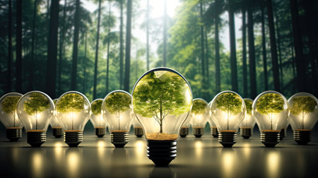 Energy green saving in light bulb covered in green grass. Concept of sustainable resources. nature in background.の素材