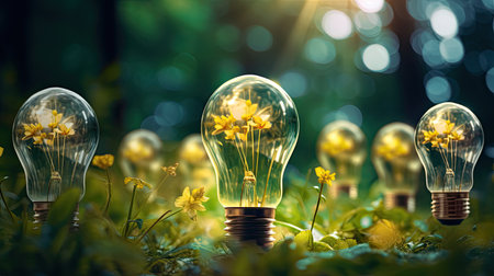 Energy green saving in light bulb covered in green grass. Concept of sustainable resources. nature in background.の素材
