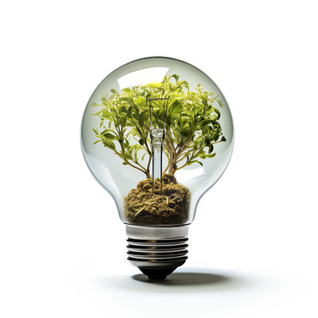 Energy saving light bulb covered in green grass. Concept of sustainable resources in white grey background.の素材