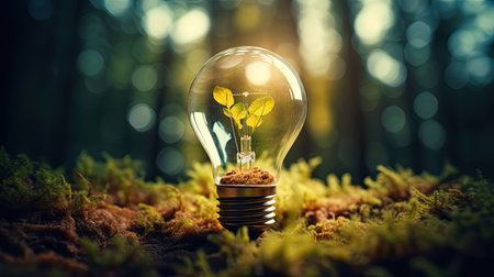 Energy green saving in light bulb covered in green grass. Concept of sustainable resources. nature in background.の素材