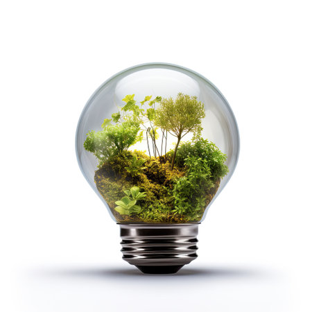 Energy saving light bulb covered in green grass. Concept of sustainable resources in white grey background.の素材