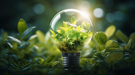 Energy green saving in light bulb covered in green grass. Concept of sustainable resources. nature in background.の素材