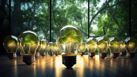 Energy green saving in light bulb covered in green grass. Concept of sustainable resources. nature in background.の素材