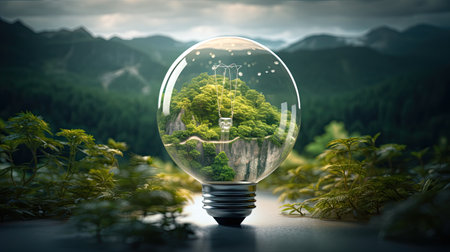 Energy green saving in light bulb covered in green grass. Concept of sustainable resources. nature in background.の素材