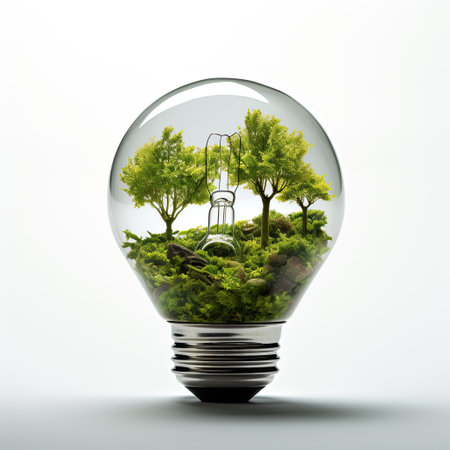 Energy saving light bulb covered in green grass. Concept of sustainable resources in white grey background.の素材