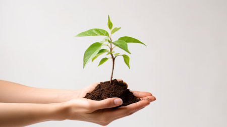 Hand holding plant grow from soil, White background. Sustainable saving energy concept white background.の素材