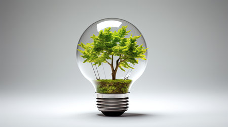 Energy saving light bulb covered in green grass. Concept of sustainable resources in white grey background.の素材