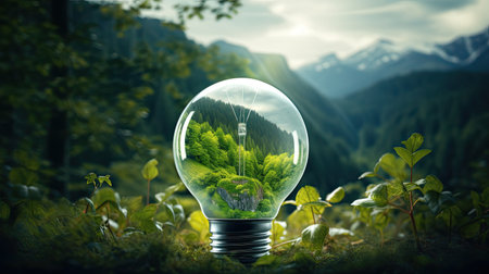 Energy green saving in light bulb covered in green grass. Concept of sustainable resources. nature in background.の素材