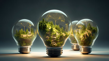 Energy green saving in light bulb covered in green grass. Concept of sustainable resources. nature in background.の素材