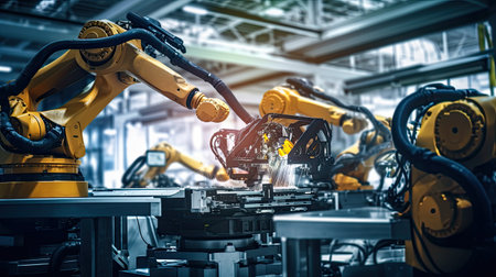 Automation robot arms machine in intelligent factory industrial on real time monitoring system software. Welding robotics and digital manufacturing operation.の素材