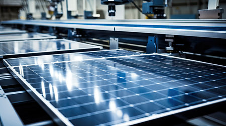 Solar panel factory is a modern and high-tech solar panel manufacturing plant with large-scale production capacity. Renewable clean energy technology concept.の素材