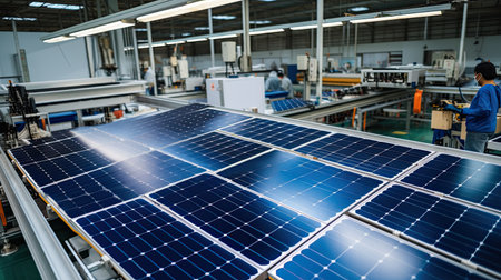Solar panel factory is a modern and high-tech solar panel manufacturing plant with large-scale production capacity. Renewable clean energy technology concept.の素材