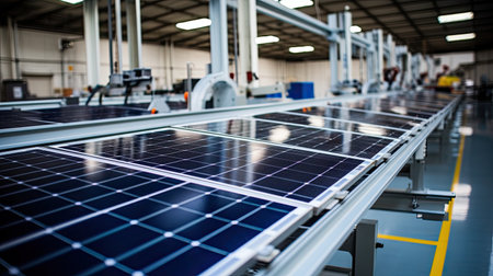 Solar panel factory is a modern and high-tech solar panel manufacturing plant with large-scale production capacity. Renewable clean energy technology concept.の素材