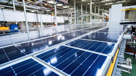 Solar panel factory is a modern and high-tech solar panel manufacturing plant with large-scale production capacity. Renewable clean energy technology concept.の素材
