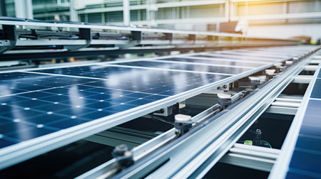 Solar panel factory is a modern and high-tech solar panel manufacturing plant with large-scale production capacity. Renewable clean energy technology concept.の素材