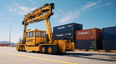 Transportation and logistics import export and transport industry of crane loading cargo container ship and trucks. Business logistic transportation concept.の素材