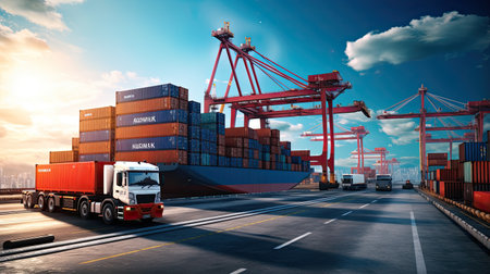 Transportation and logistics import export and transport industry of crane loading cargo container ship and trucks. Business logistic transportation concept.の素材