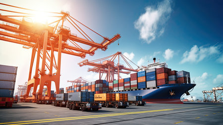 Transportation and logistics import export and transport industry of crane loading cargo container ship and trucks. Business logistic transportation concept.の素材