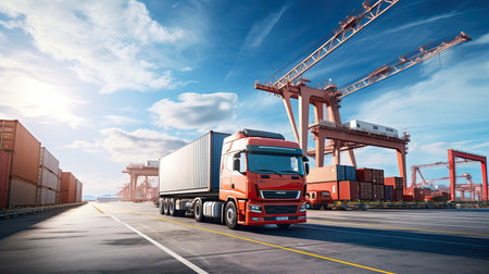 Transportation and logistics import export and transport industry of crane loading cargo container ship and trucks. Business logistic transportation concept.の素材