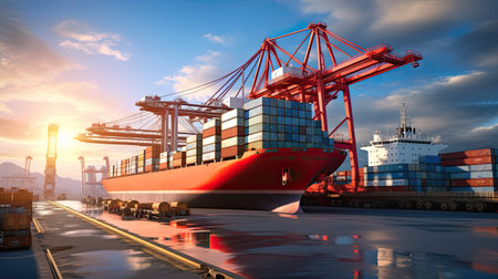 Transportation and logistics import export and transport industry of crane loading cargo container ship and trucks. Business logistic transportation concept.の素材