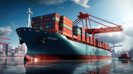 Transportation and logistics import export and transport industry of crane loading cargo container ship and trucks. Business logistic transportation concept.の素材