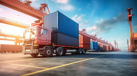 Transportation and logistics import export and transport industry of crane loading cargo container ship and trucks. Business logistic transportation concept.の素材